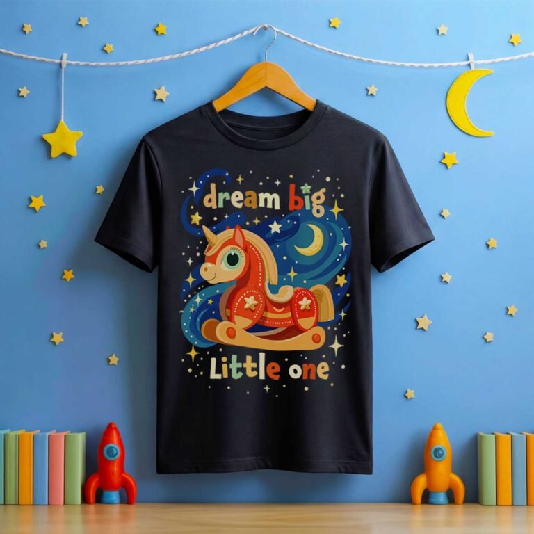 Black kid's t-shirt mockup on a wooden hanger against a bright blue wall in a child's nursery. The t-shirt features a highly detailed vintage caroussel unicorn rocking horse vector art design, surrounded by a stylized celestial sky of stars and a moon. The colourful text "dream big" is above the rocking horse, and "Little one" is below. The t-shirt is hung on a string with wall stars and a moon on the wall, and toy rockets and colorful books on a shelf below.