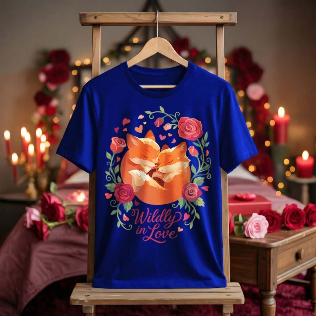 Royal Blue T-shirt featuring a cute sleeping fox couple illustration inside a red rose wreath for Valentine's Day. Script text reads Wildly in Love. Romantic gift atmosphere with candles.