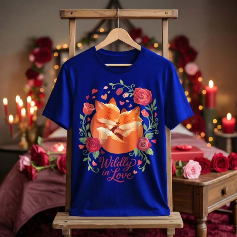 Royal Blue T-shirt featuring a cute sleeping fox couple illustration inside a red rose wreath for Valentine's Day. Script text reads Wildly in Love. Romantic gift atmosphere with candles.