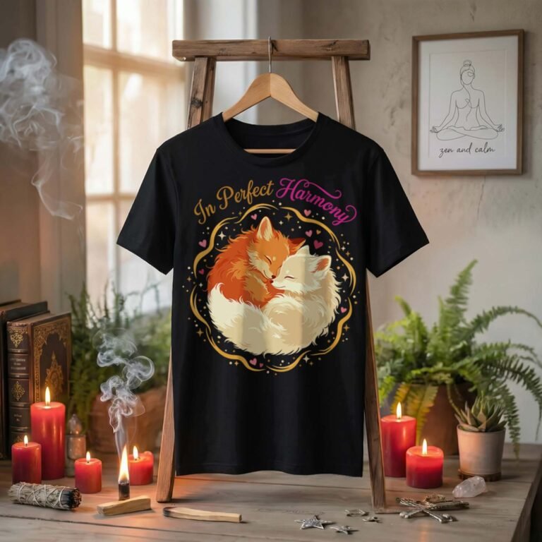 Black t-shirt mockup on a rustic wooden stand in a cozy, zen aesthetic room with lit candles and incense smoke. The t-shirt features a premium vector illustration of an orange fox and a white arctic fox sleeping curled together in a golden celestial circle, with the text "In Perfect Harmony"