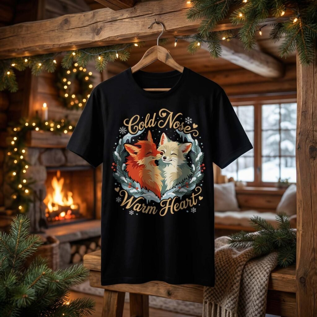 Black t-shirt hanging in a rustic wooden cabin featuring the vector art "Cold Nose, Warm Heart" with a Red and Arctic fox sharing an eskimo kiss inside a frosty winter wreath. Cozy fireplace atmosphere.