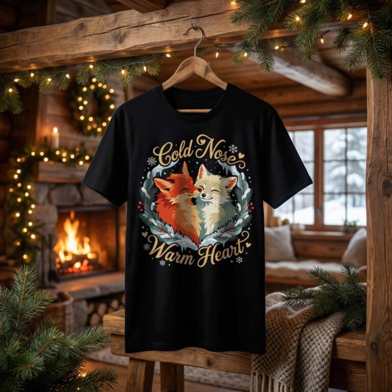 Black t-shirt hanging in a rustic wooden cabin featuring the vector art "Cold Nose, Warm Heart" with a Red and Arctic fox sharing an eskimo kiss inside a frosty winter wreath. Cozy fireplace atmosphere.
