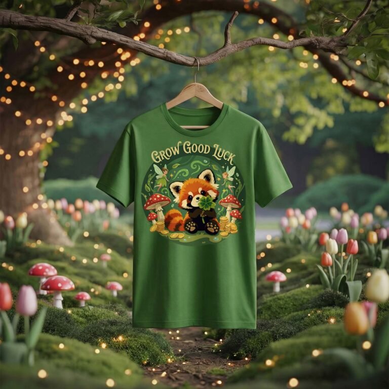 Forest Green t-shirt mockup displayed in a magical mossy forest with fairy lights. Features the "Grow Good Luck" vector illustration: a cute Red Panda holding a four-leaf clover, surrounded by red mushrooms, gold coins, and fairies.