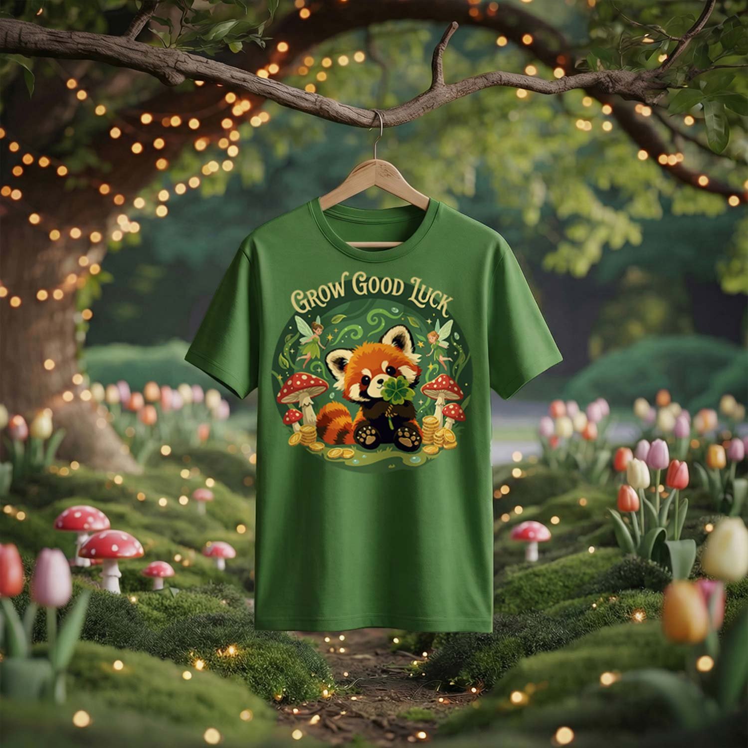 Forest Green t-shirt mockup displayed in a magical mossy forest with fairy lights. Features the "Grow Good Luck" vector illustration: a cute Red Panda holding a four-leaf clover, surrounded by red mushrooms, gold coins, and fairies.