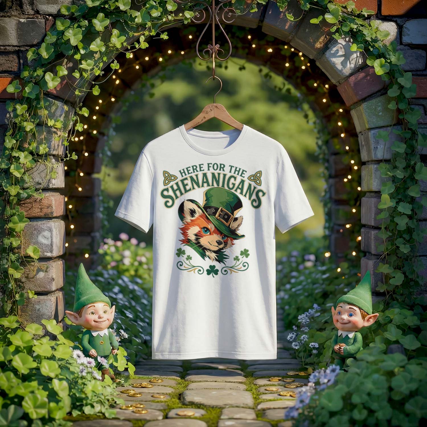 white t-shirt mockup in a magical garden archway with leprechaun gnomes. The shirt features a cute red panda wearing an oversized green leprechaun hat and the text "Here For The Shenanigans" with Celtic knots.