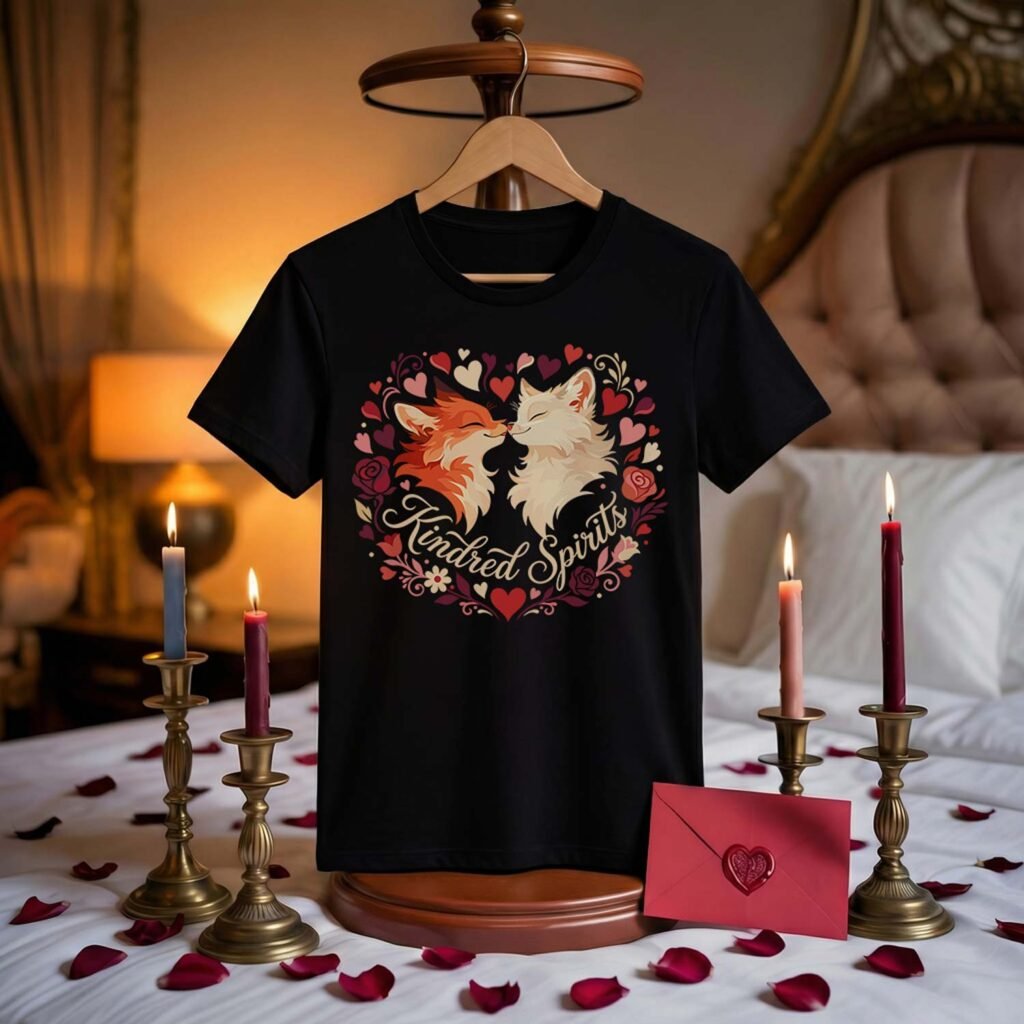 Black t-shirt mockup displayed in a romantic candlelit bedroom setting. Features the "Kindred Spirits" vector illustration: a Red Fox and White Fox touching noses inside a heart-shaped floral wreath with roses and gold typography.
