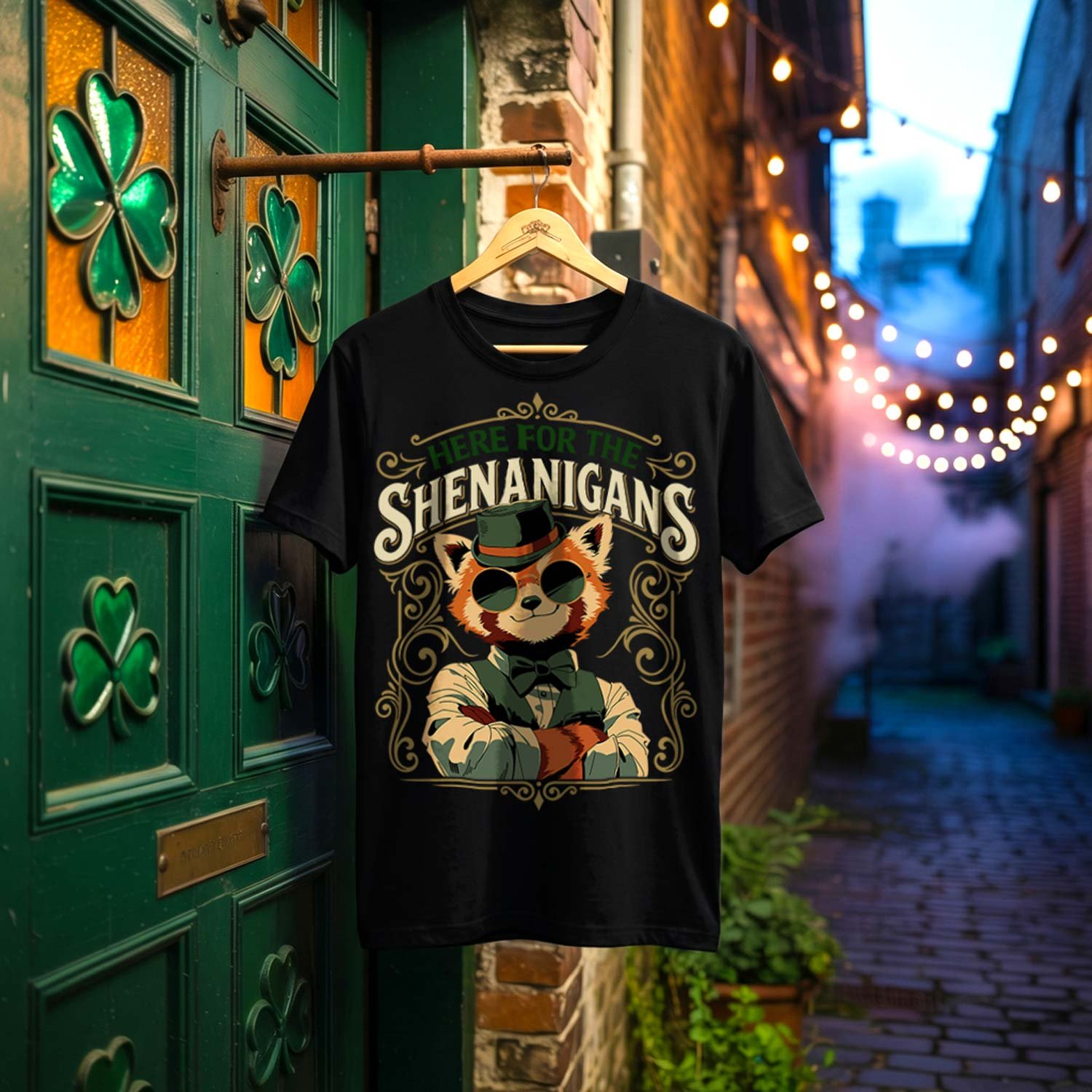 Black t-shirt hanging in a vintage Irish alleyway, featuring a vector art design of a cool red fox wearing 1920s sunglasses and hat with text "Here For The Shenanigans"