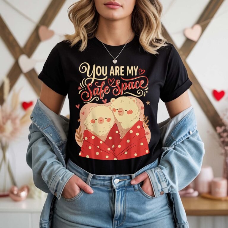 Mockup of a woman wearing a black Scitech Pixel t-shirt featuring the "You Are My Safe Space" vector artwork with two cute bears snuggled under a red polka dot blanket