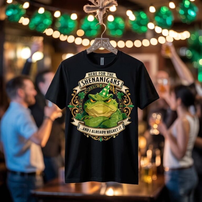 Black premium t-shirt hanging in a blurred festive pub environment, featuring a crisp vector design of a very grumpy toad in a party hat with vintage banners reading "Here For The Shenanigans... And I Already Regret It".