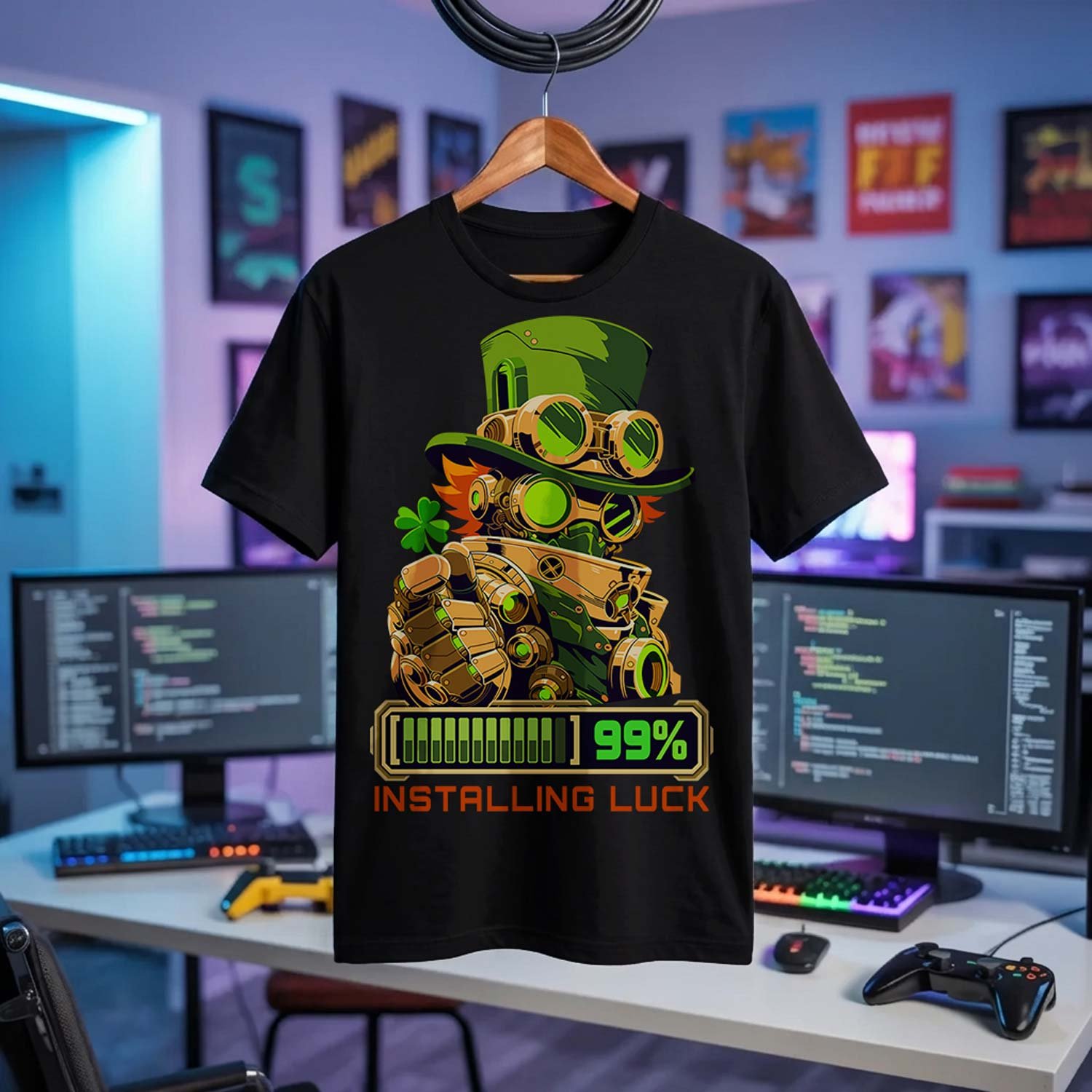 Black t-shirt in a cyberpunk hacker room featuring a steampunk leprechaun robot and a green digital loading bar reading Installing Luck 99 percent.